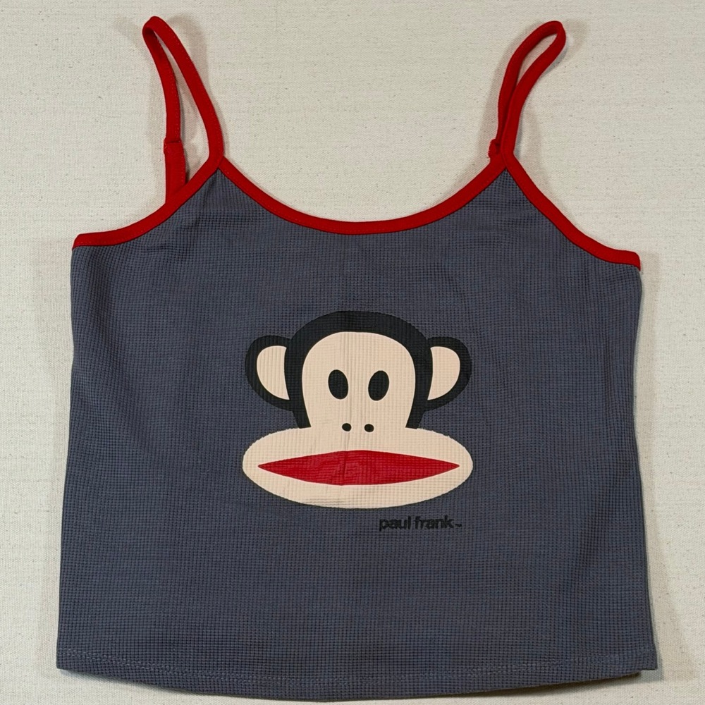 Paul Frank Julius Monkey Waffle Knit Cami Tank Top Gray Red Juniors XL Y2K